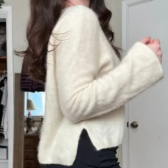 Tomorrowland Womens Small Brushed Cashmere Flared Sleeve Cream Crewneck Sweater - Picture 2 of 9